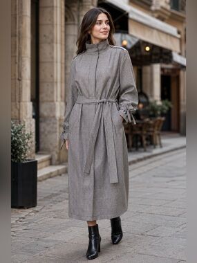 H&M Houndstooth Belted Trench Coat Dress Stand Up Collar - Size 14